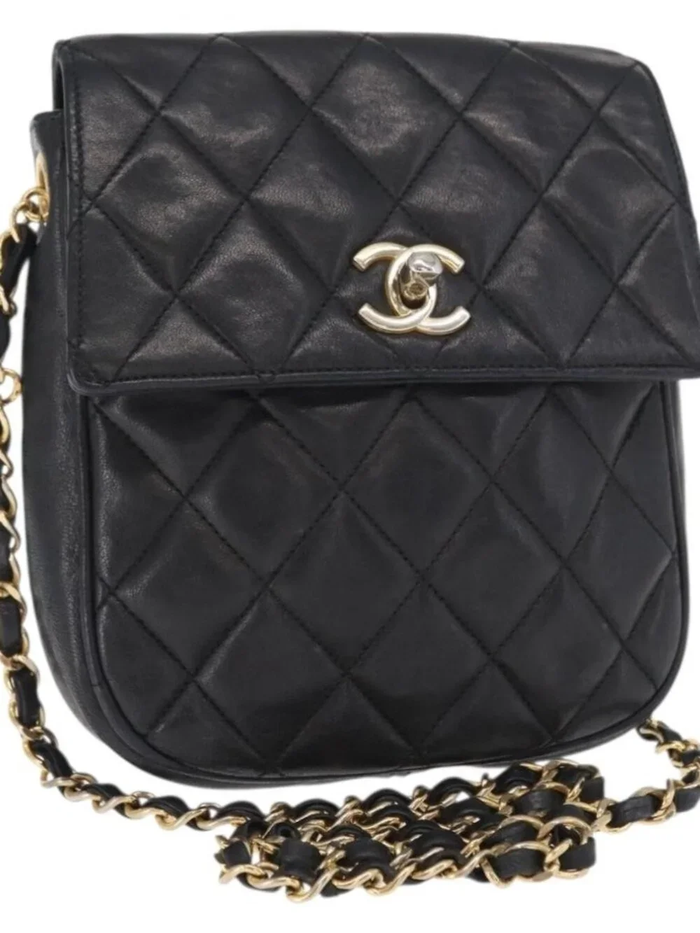 CHANEL Matelasse Chain Bag Lamb Skin Black gold CC Auth 160245